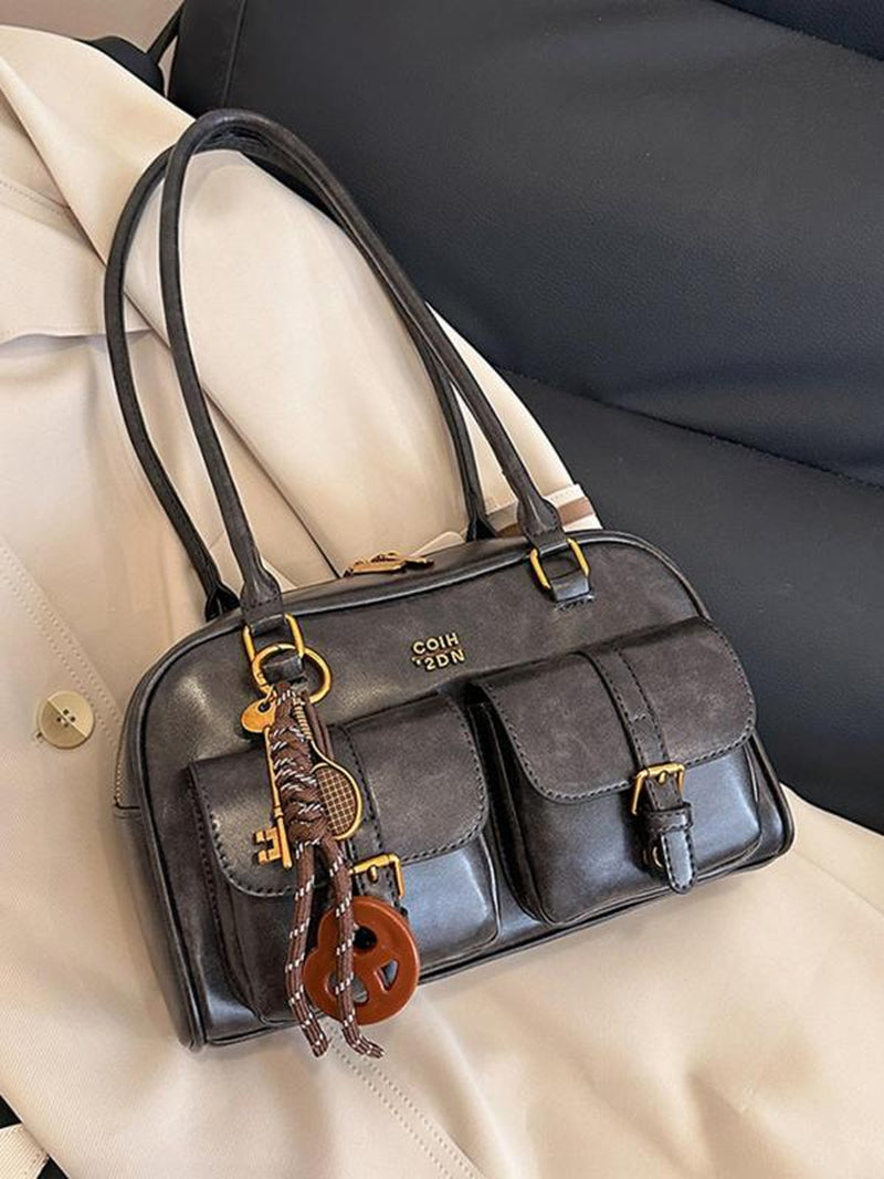 Women'S Retro Solid Color PU Leather Shoulder Bag, Large Capacity Crossbody Bag with Detachable Accessory Charm, Casual Trendy Versatile High-Quality Daily Commuting Bag, Everyday Bag