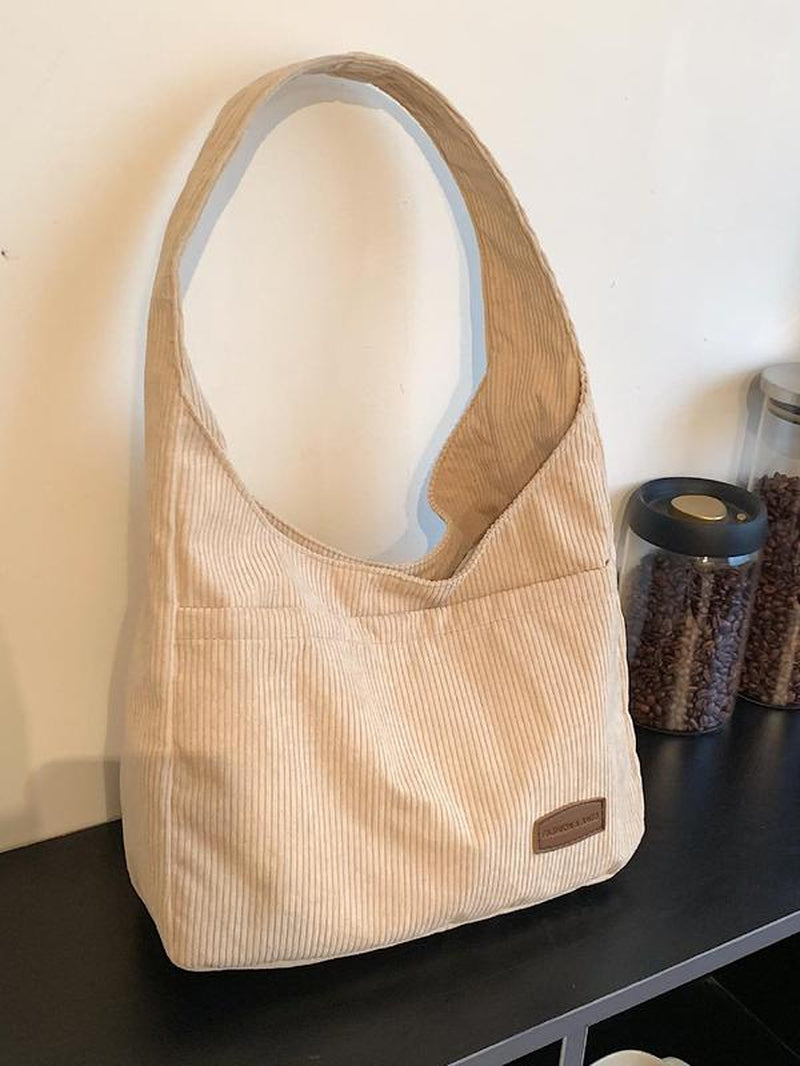 Trendy Solid Color Letter Patched Large Capacity Tote Bag, Minimalist Magnetic Closure Corduroy Shoulder Bag, Women'S Dumpling Bag for Daily Used, Corduroy Hobo Bag