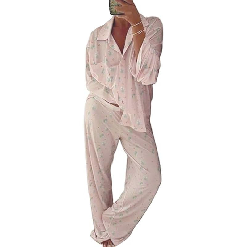Women Pajamas Lounge Set Strawberry Print Turn-Down Collar Long Sleeve Shirts Tops and Pants 2 Piece Loungewear Outfits