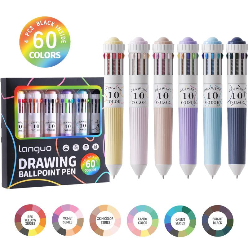 6 Pack Multicolor Pens, 60 Colors, 10-In-1 Colored Ballpoint Pen,0.8Mm Fine Point Smooth Writing, Retractable Ballpoint Pens for Office School Students Gifts