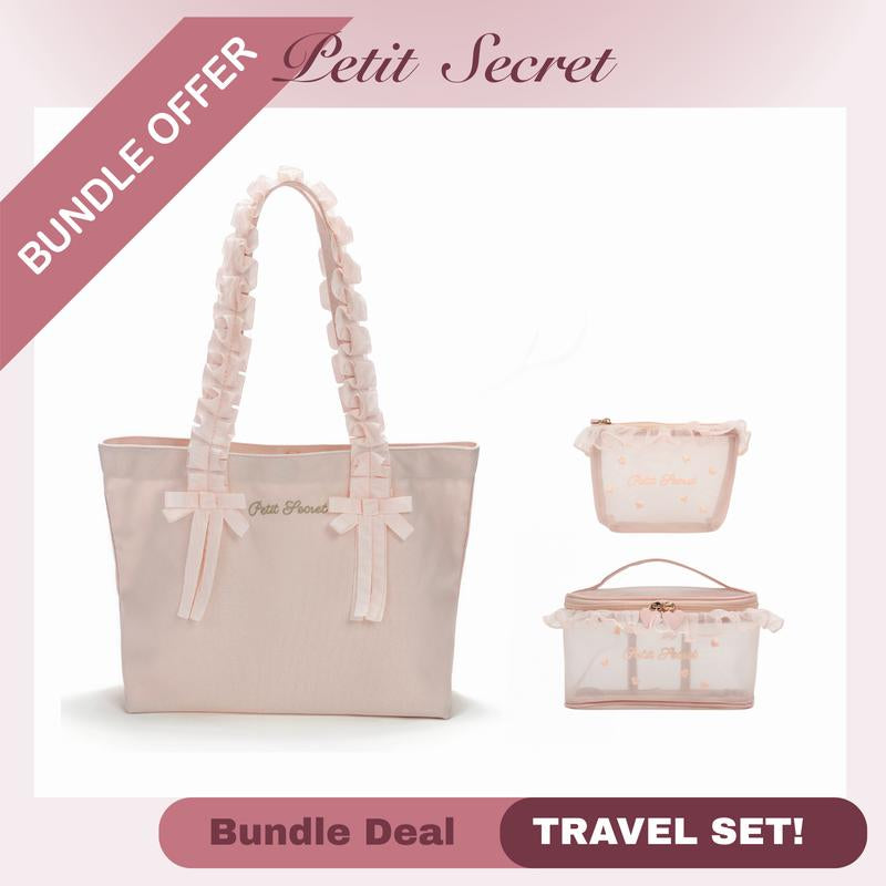 Petit Secret Pleated Lace Trim Canvas Bag, Large Capacity Tote Bag, Boho Ruffled Shoulder Bag – Ruffles Strap with Bow & Handheld Canvas Purse, Coquette Tote Bag