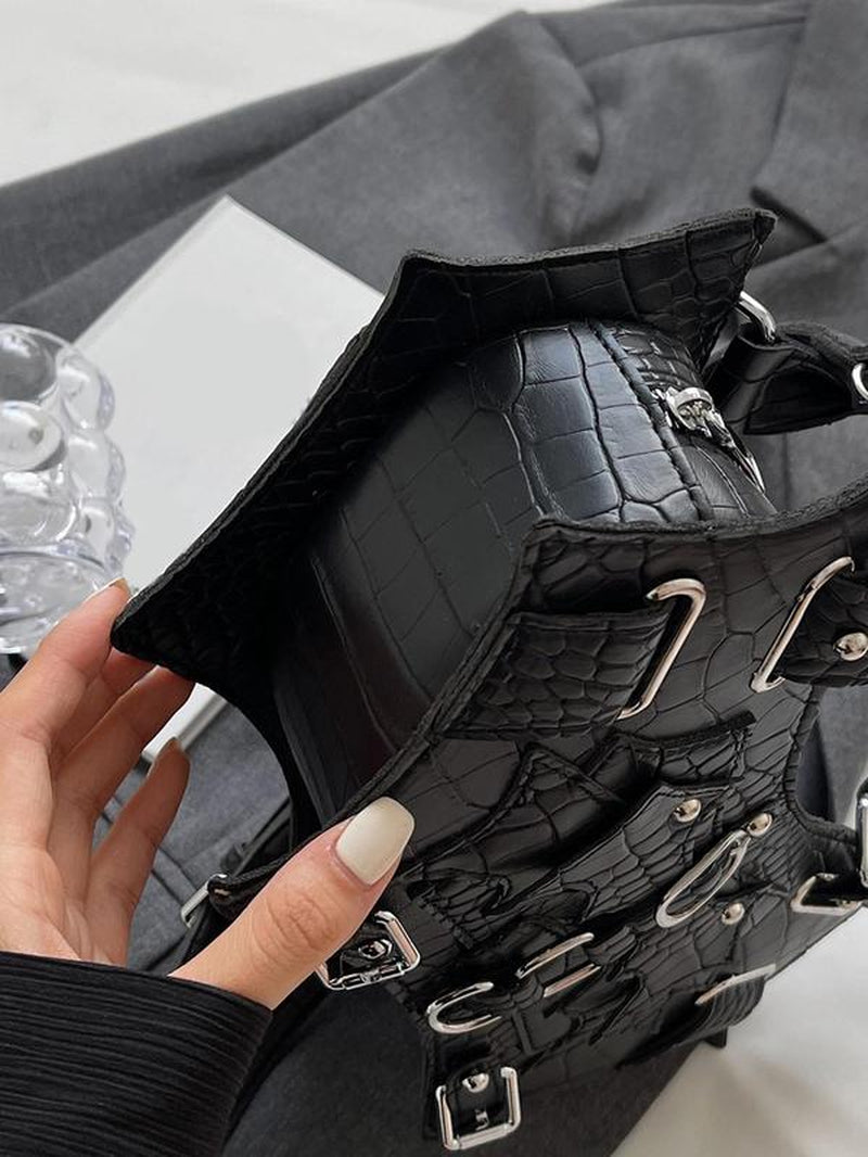 Summer Punk Goth Style Solid Color Rivet Decor Baguette Grunge Bag, New Fashion PU Underarm Bag & Handbag, Hand Shoulder Bag, All-Match Commuter Bag for Work & Daily & Back to School