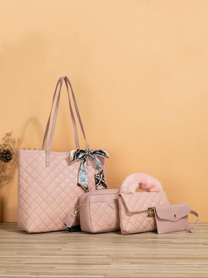 Rhombus Quilted Pattern Tote Bag, Scarf Bow Decoration Casual Shoulder Wide Strap Crossbody Bag, Luxury Bag Set, Cute Plush Purse Clutch Chain Small Square Bag, Fall Freshness Unique Everyday Tote Bag for College, Crossbody Bag for Women