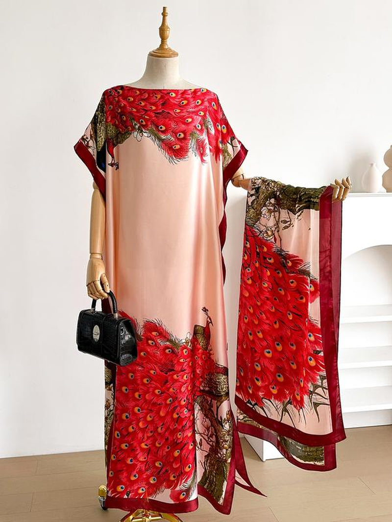 Women'S Fashion Print Long Robe Set, Moomoo Dress + Scarf Headband, Casual Woven Fabric, Thin All-Season Wear, Beach Sun Protection