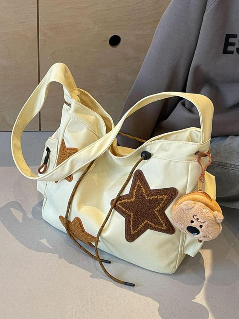 Women'S Star Patched Design Tote Bag, Fashionable Large Capacity Shoulder Bag for Daily Used, Casual Trendy Versatile High-Quality Daily Commuting Bag