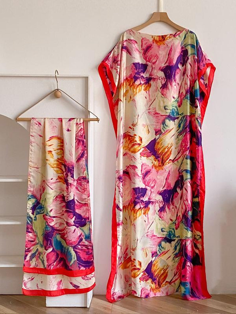 Women'S Fashion Print Long Robe Set, Moomoo Dress + Scarf Headband, Casual Woven Fabric, Thin All-Season Wear, Beach Sun Protection