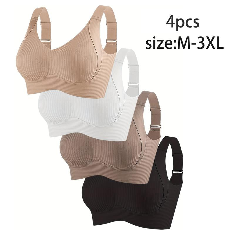 4-Piece Seamless Women'S Bra Set - Full Cup Design, Lifts and Supports the Back, Lightweight and Breathable, Wire-Free, Stylish V-Neck, Suitable for Yoga, Fitness and Everyday Wear, Fashionable Sports Bra; Comfortable Fit; Sports Top Bra