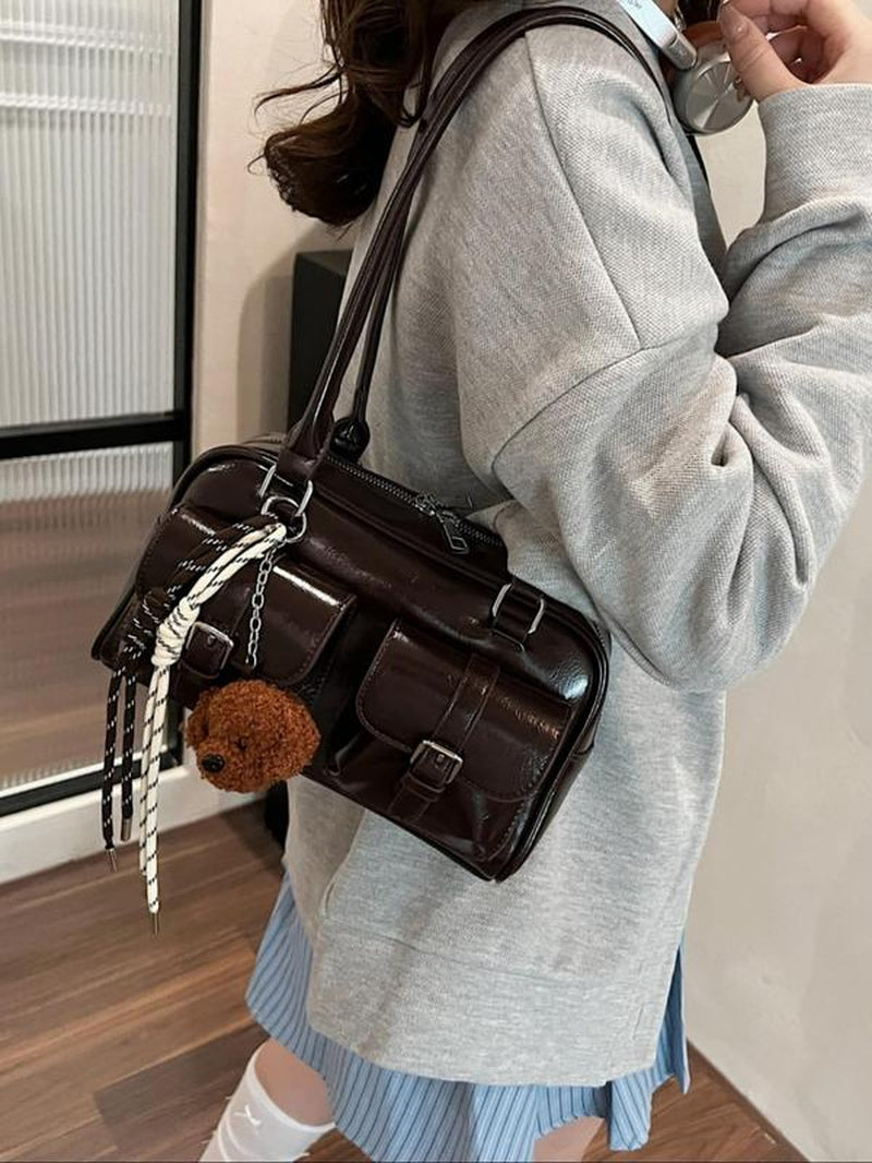 Women'S Elegant Solid Color Boston Bag, Fashionable Multi-Pocket Bag with Bear Charm Decor, Casual Trendy Versatile High-Quality, Handbag Shoulder Bag