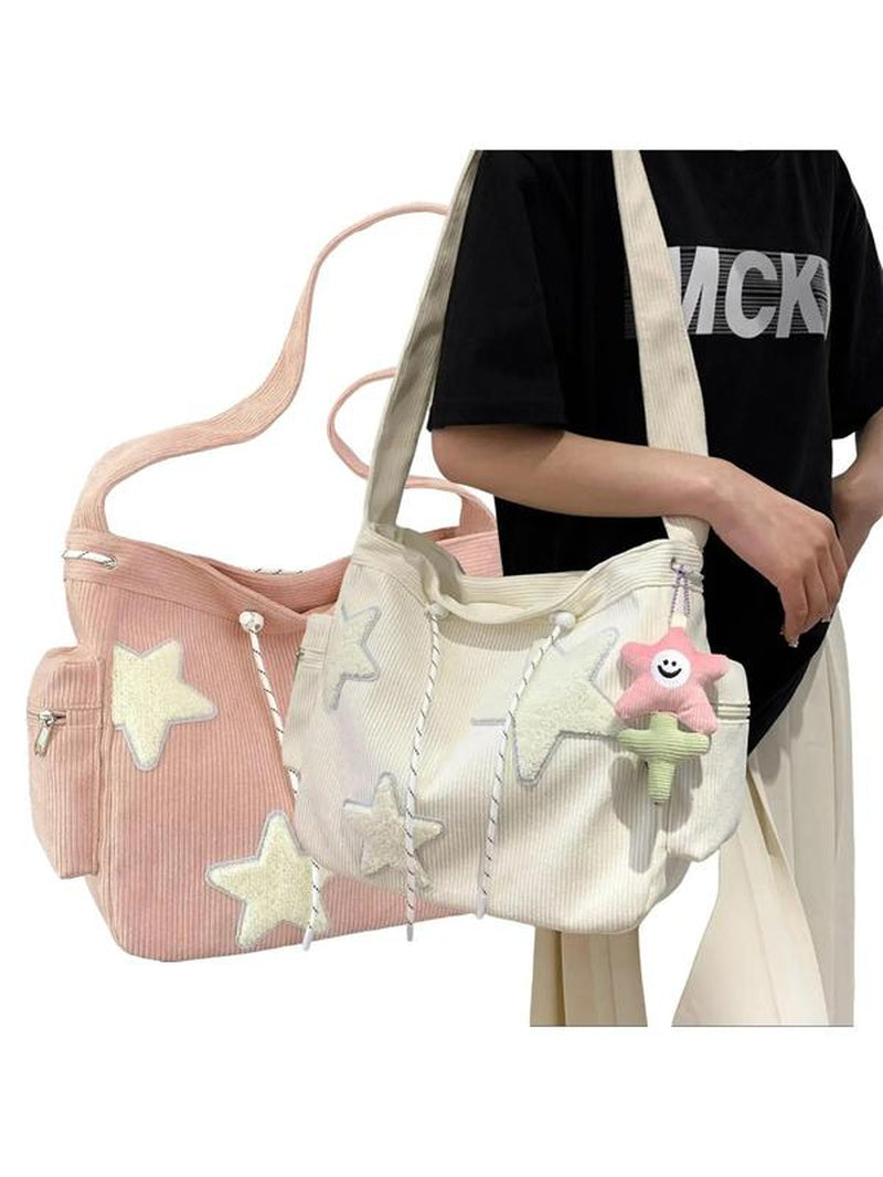 Women'S Star Patched Design Tote Bag, Fashionable Large Capacity Shoulder Bag for Daily Used, Casual Trendy Versatile High-Quality Daily Commuting Bag