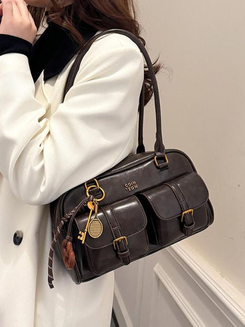 Women'S Retro Solid Color PU Leather Shoulder Bag, Large Capacity Crossbody Bag with Detachable Accessory Charm, Casual Trendy Versatile High-Quality Daily Commuting Bag, Everyday Bag