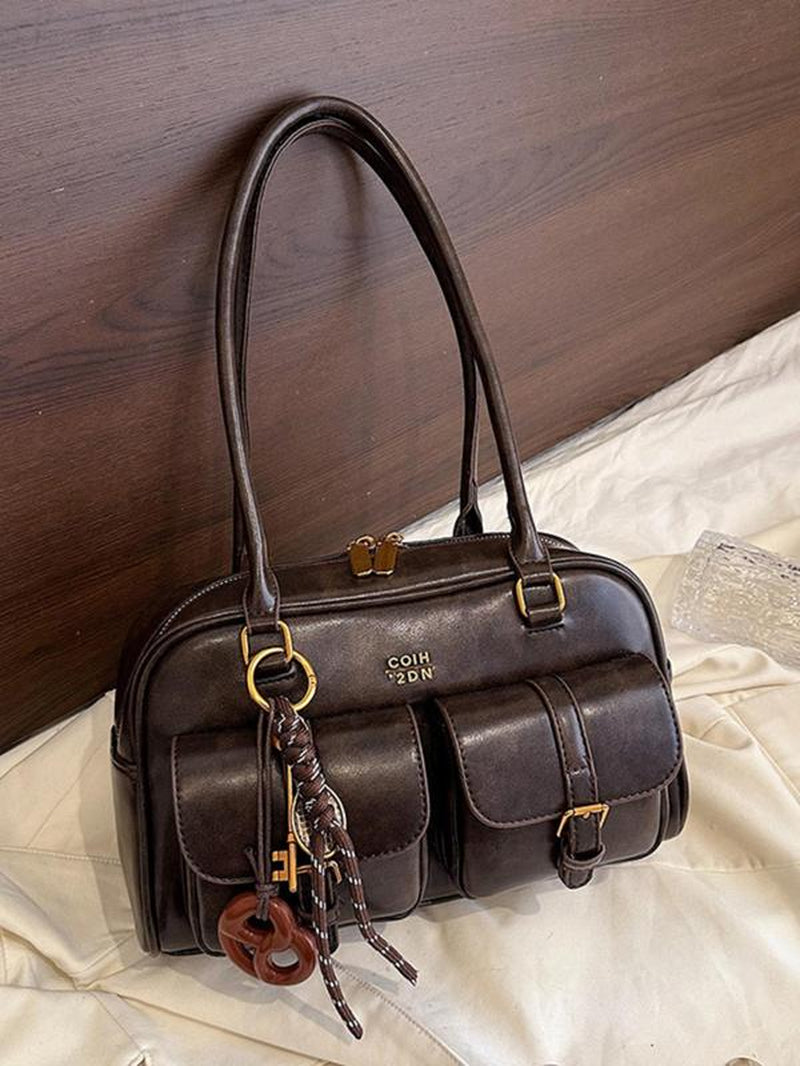Women'S Retro Solid Color PU Leather Shoulder Bag, Large Capacity Crossbody Bag with Detachable Accessory Charm, Casual Trendy Versatile High-Quality Daily Commuting Bag, Everyday Bag