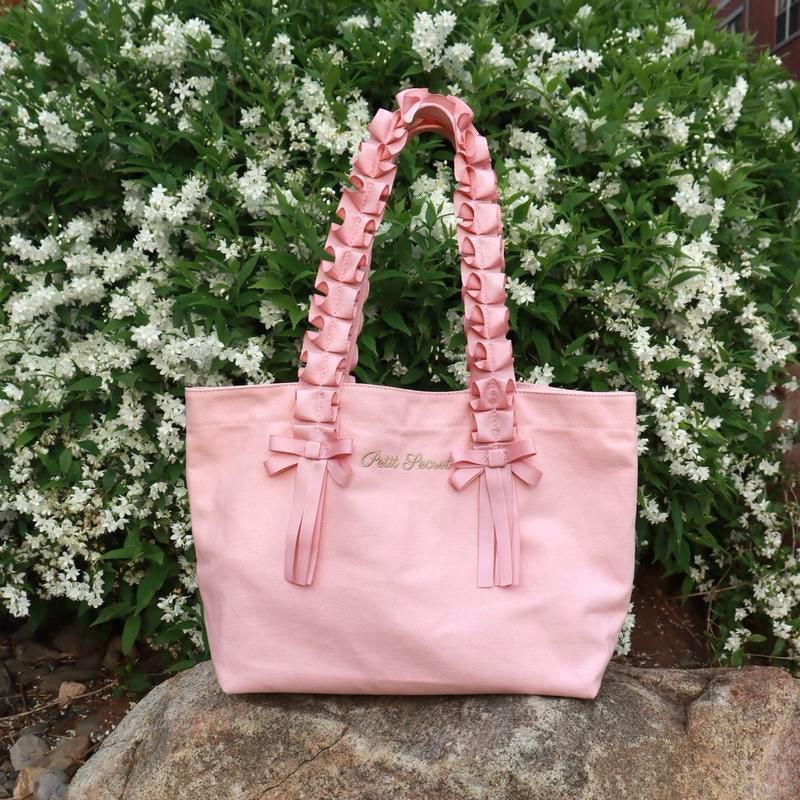Petit Secret Pleated Lace Trim Canvas Bag, Large Capacity Tote Bag, Boho Ruffled Shoulder Bag – Ruffles Strap with Bow & Handheld Canvas Purse, Coquette Tote Bag