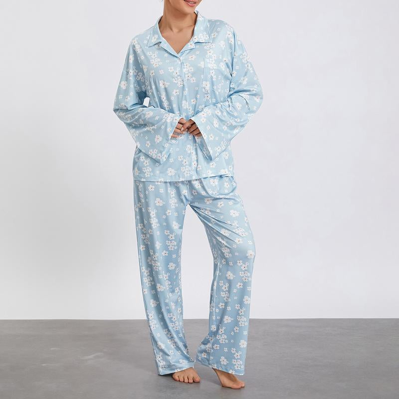 Women Pajamas Lounge Set Strawberry Print Turn-Down Collar Long Sleeve Shirts Tops and Pants 2 Piece Loungewear Outfits