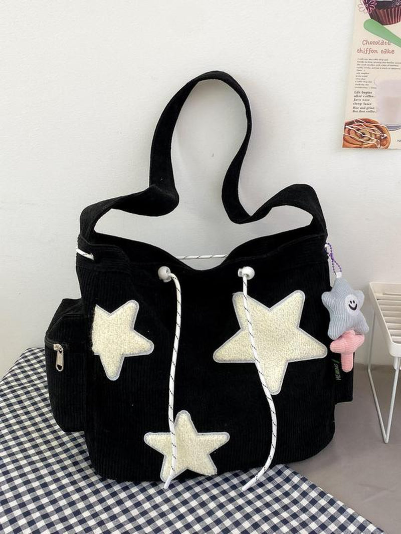 Women'S Star Patched Design Tote Bag, Fashionable Large Capacity Shoulder Bag for Daily Used, Casual Trendy Versatile High-Quality Daily Commuting Bag