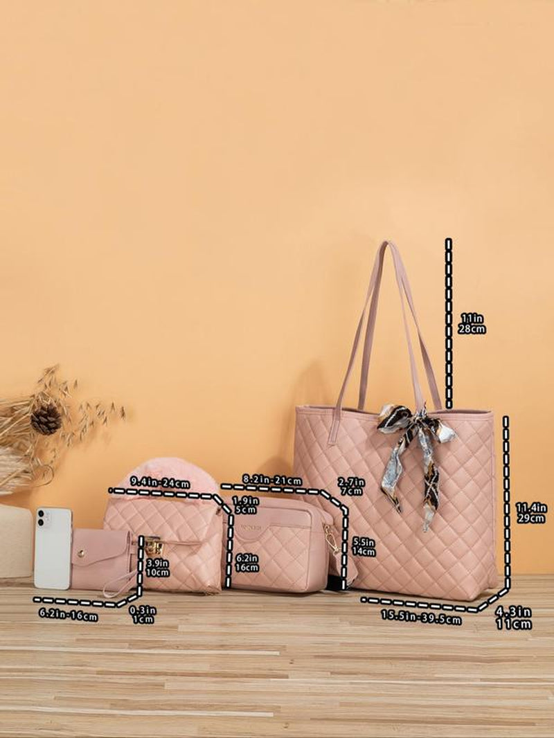 Rhombus Quilted Pattern Tote Bag, Scarf Bow Decoration Casual Shoulder Wide Strap Crossbody Bag, Luxury Bag Set, Cute Plush Purse Clutch Chain Small Square Bag, Fall Freshness Unique Everyday Tote Bag for College, Crossbody Bag for Women
