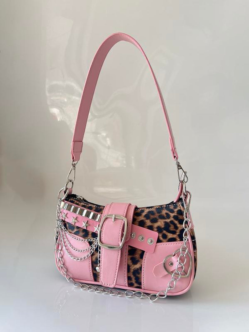 Vintage Y2K Women'S Bag, Punk Style Colorblock Star Chain Small Shoulder Crossbody Bag, Detachable Strap, Polyester Lining, Multi-Functional Handbag