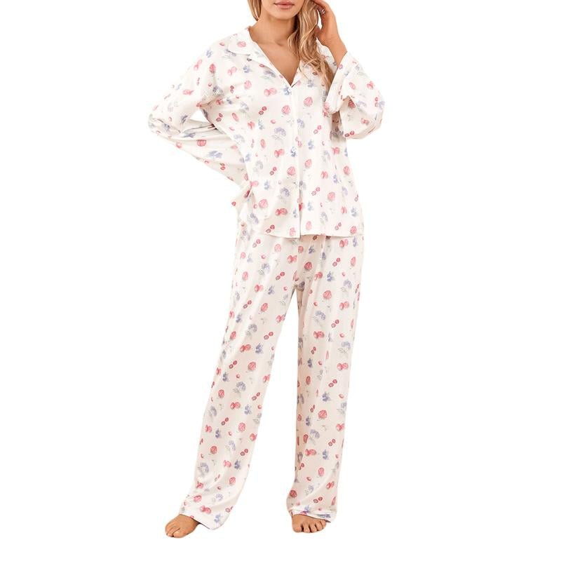 Women Pajamas Lounge Set Strawberry Print Turn-Down Collar Long Sleeve Shirts Tops and Pants 2 Piece Loungewear Outfits