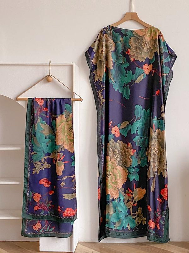 Women'S Fashion Print Long Robe Set, Moomoo Dress + Scarf Headband, Casual Woven Fabric, Thin All-Season Wear, Beach Sun Protection