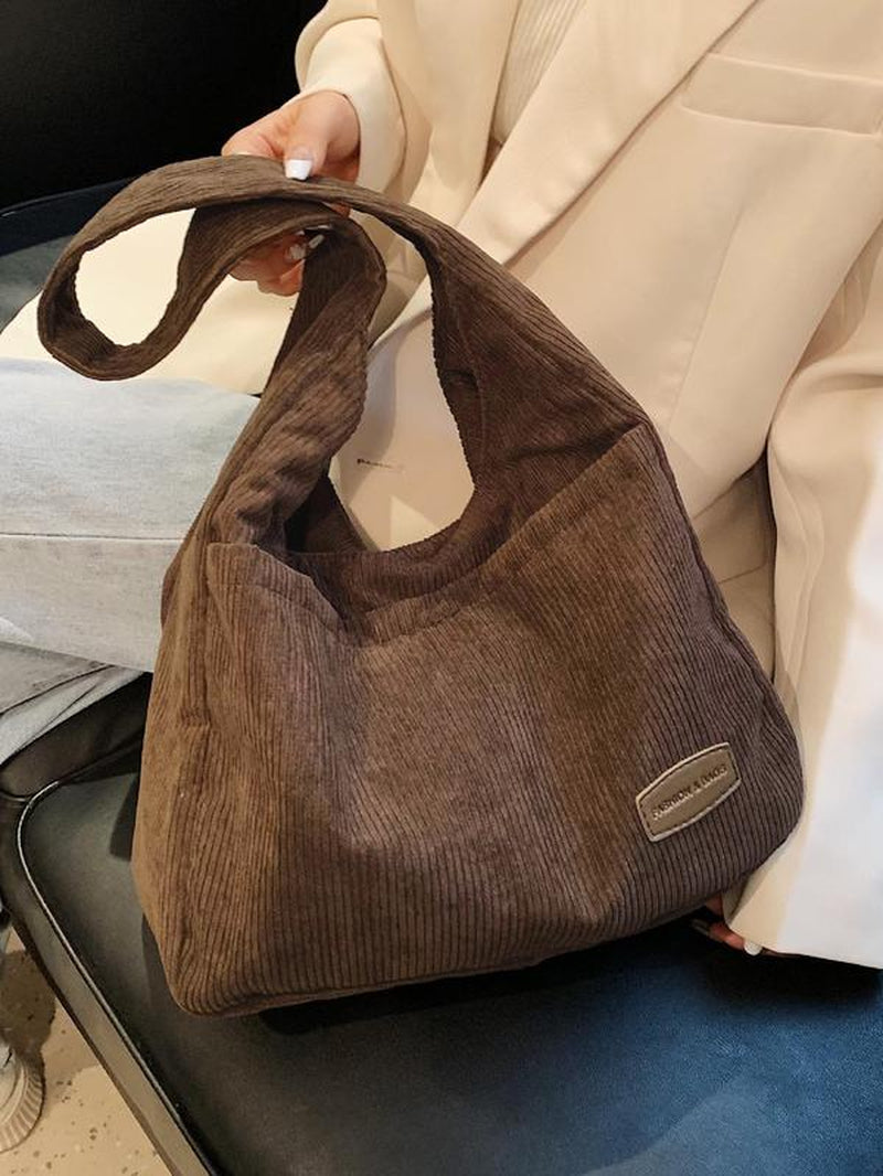 Trendy Solid Color Letter Patched Large Capacity Tote Bag, Minimalist Magnetic Closure Corduroy Shoulder Bag, Women'S Dumpling Bag for Daily Used, Corduroy Hobo Bag