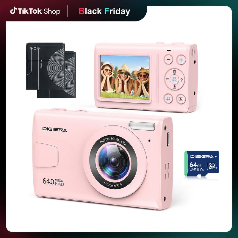 Digiera UHD 4K Digital Camera, 64MP Auto Focus with 18X Digital Zoom, Filters, Burst Shooting, Time-Lapse, Flash & Playback – Includes 32GB Memory Card, 2 Extra Batteries & Wrist Strap – MP3/MP4 Playback, FHD 1080P – Perfect Christmas & Halloween Gift