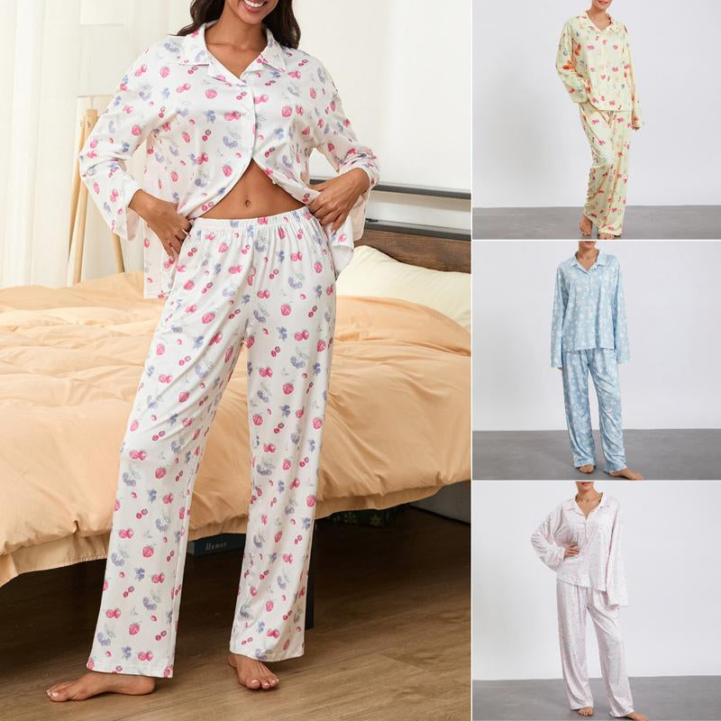 Women Pajamas Lounge Set Strawberry Print Turn-Down Collar Long Sleeve Shirts Tops and Pants 2 Piece Loungewear Outfits