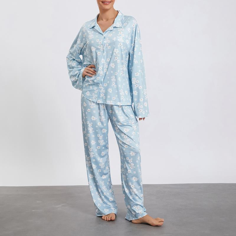 Women Pajamas Lounge Set Strawberry Print Turn-Down Collar Long Sleeve Shirts Tops and Pants 2 Piece Loungewear Outfits