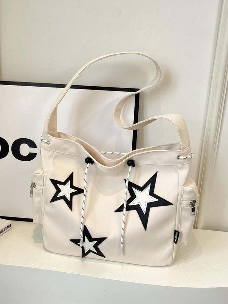 Women'S Star Patched Design Tote Bag, Fashionable Large Capacity Shoulder Bag for Daily Used, Casual Trendy Versatile High-Quality Daily Commuting Bag