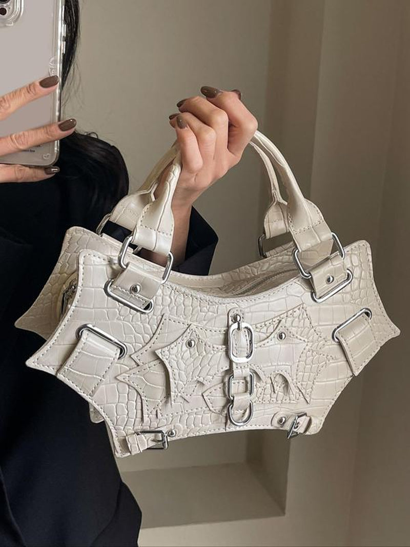 Summer Punk Goth Style Solid Color Rivet Decor Baguette Grunge Bag, New Fashion PU Underarm Bag & Handbag, Hand Shoulder Bag, All-Match Commuter Bag for Work & Daily & Back to School