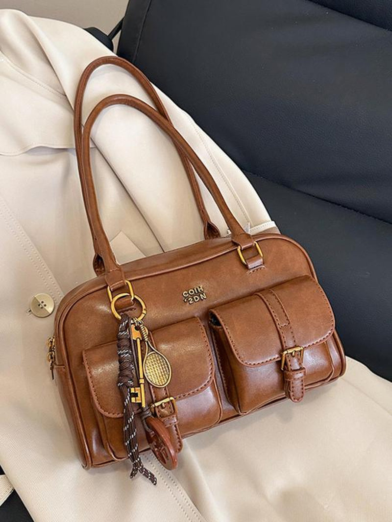 Women'S Retro Solid Color PU Leather Shoulder Bag, Large Capacity Crossbody Bag with Detachable Accessory Charm, Casual Trendy Versatile High-Quality Daily Commuting Bag, Everyday Bag