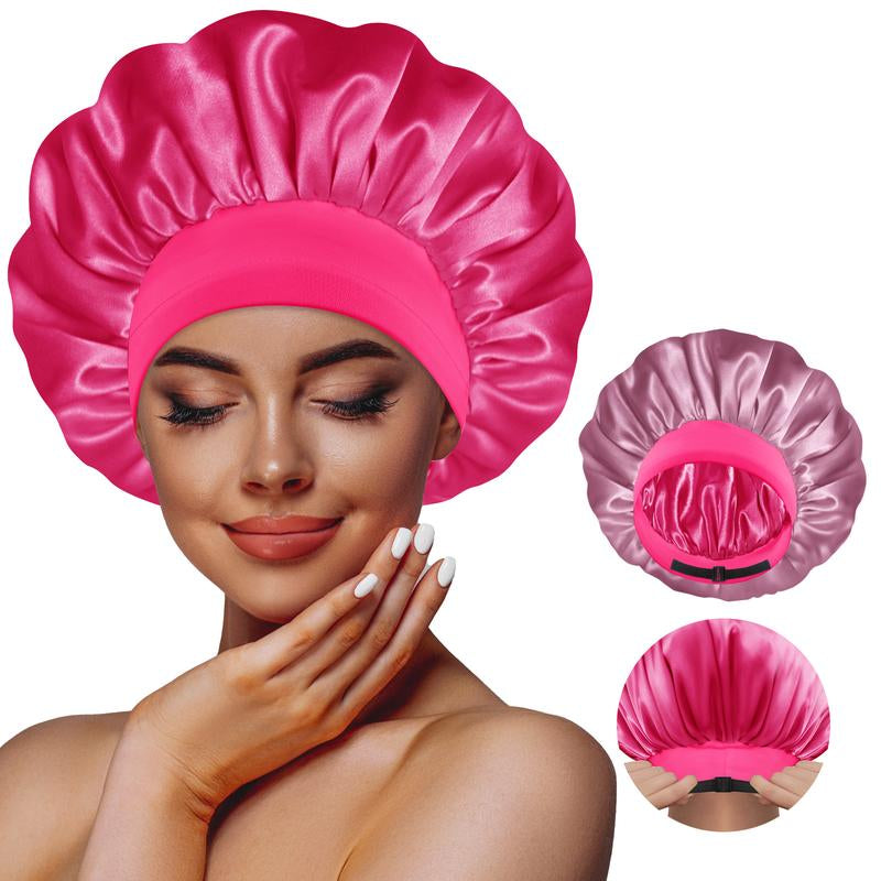 BONNET QUEEN Adjustable Satin Bonnet Double Layer Reversible Night Cap for Women Heatless Hair Care Gift Beanie Jade & Pink Bn005B-Jade&Pink Machine Washable