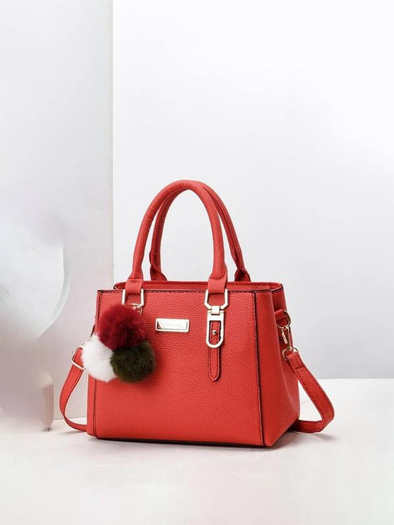 Women'S Purse, Elegant Embossed Purse Square Bag, Fashion Letter Label Zipper Handbag, Casual Shopping & Travel Shoulder Crossbody Bag, with Pom Pom Charm, Mother'S Day Gift, Embellished Shoulder Bag