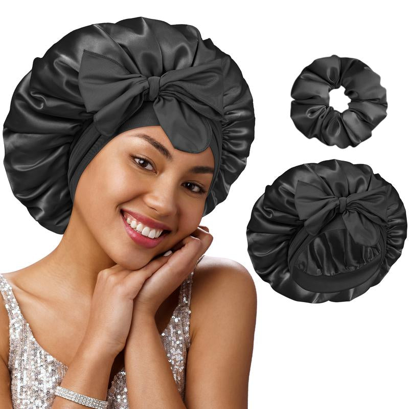 BONNET QUEEN Hyaluronic Acid Bonnet with Elastic Band & Scrunchie for Curly Hair Machine Washable Double Moisture Anti-Frizz Satin Nightcap Gift for Women