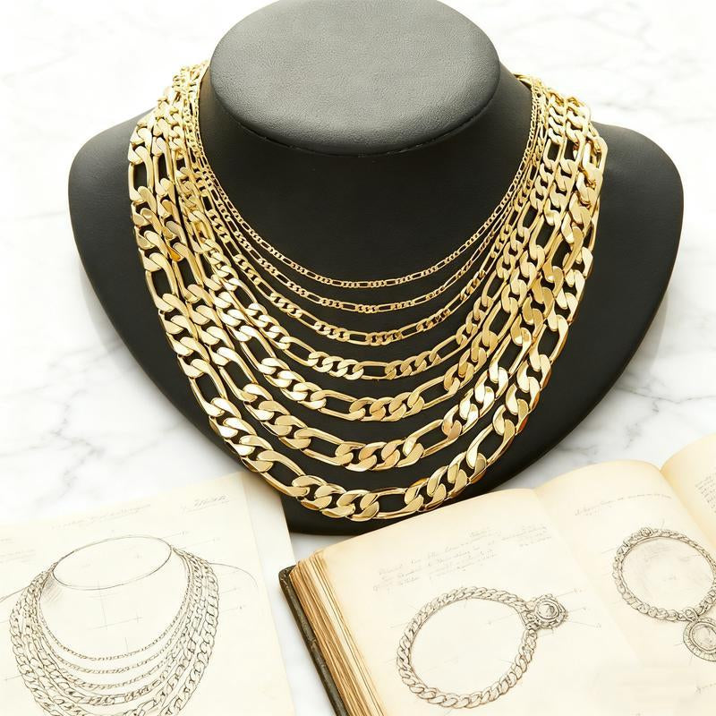 14K Real Gold-Plated Figaro Chain Necklace Tarnish-Free Nanotech Coating Italian Style Cuban Link 2Mm/10Mm Wide,24" for Women Men Hip Hop Streetwear Minimalist Layering Jewelry