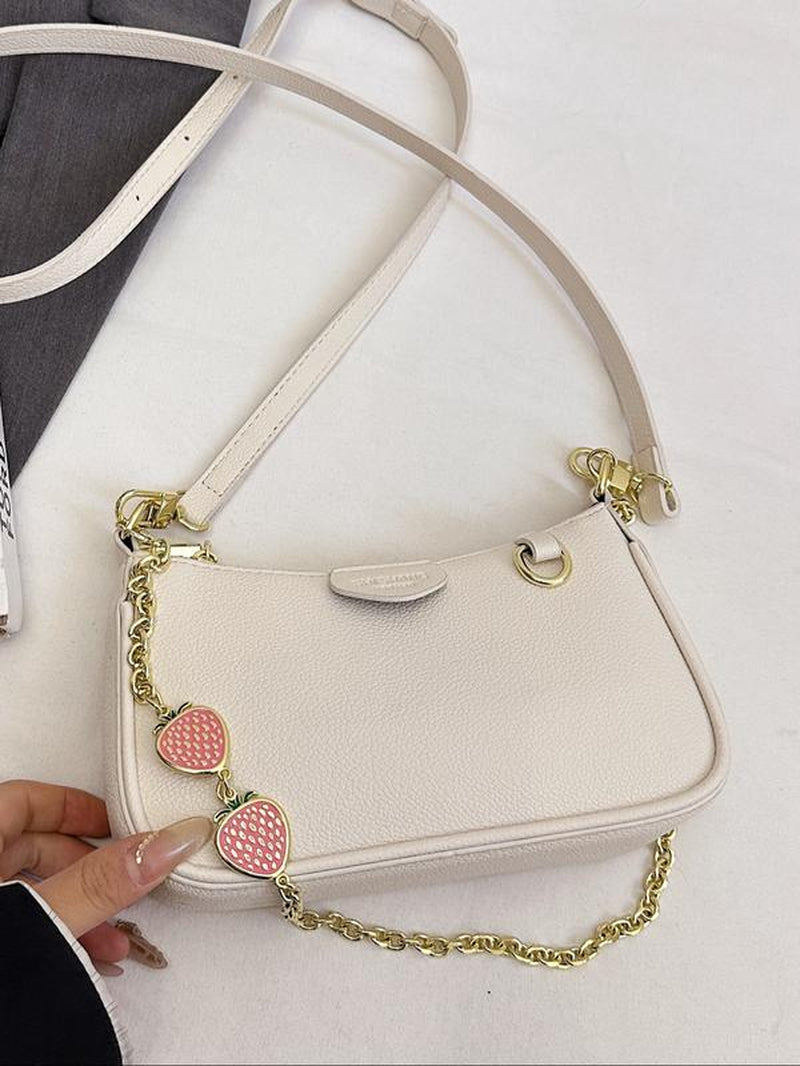 Women'S Elegant Floral Embossing Shoulder Bag with Fruits Decor Chain, Trendy New Style Crossbody Bag, Versatile and Textured Fashionable Shoulder Bag for Daily Use