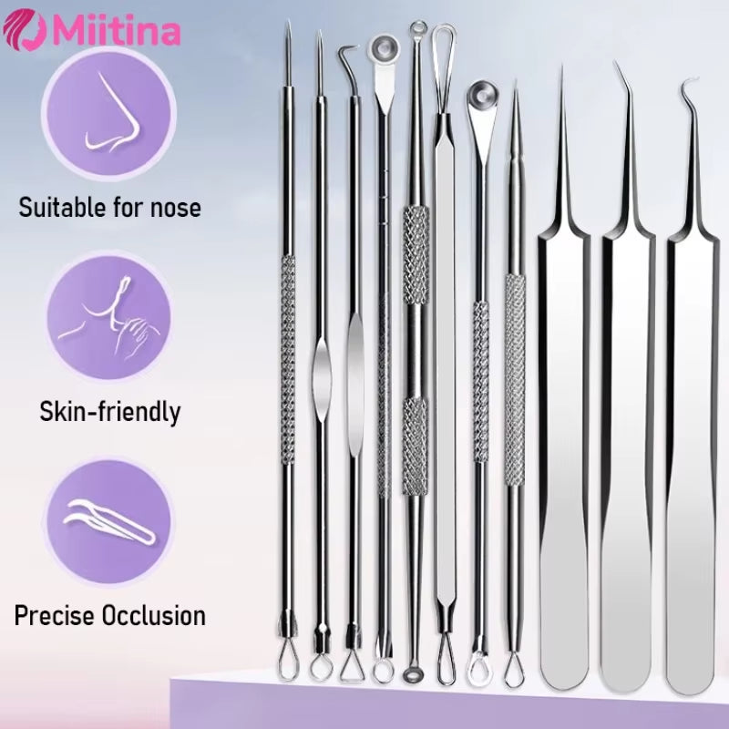 11PCS Acne Blackhead Removal Needles Kit Cell Pimples Blackhead Clip Tweezers Comedone Blemish Extractor Face Skin Beauty Gift