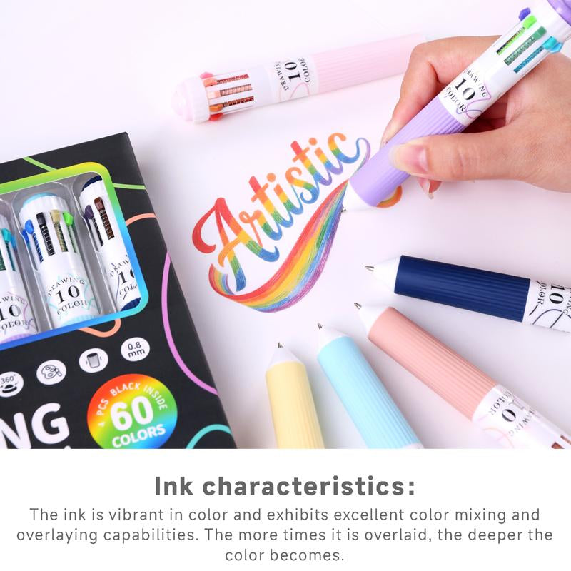6 Pack Multicolor Pens, 60 Colors, 10-In-1 Colored Ballpoint Pen,0.8Mm Fine Point Smooth Writing, Retractable Ballpoint Pens for Office School Students Gifts