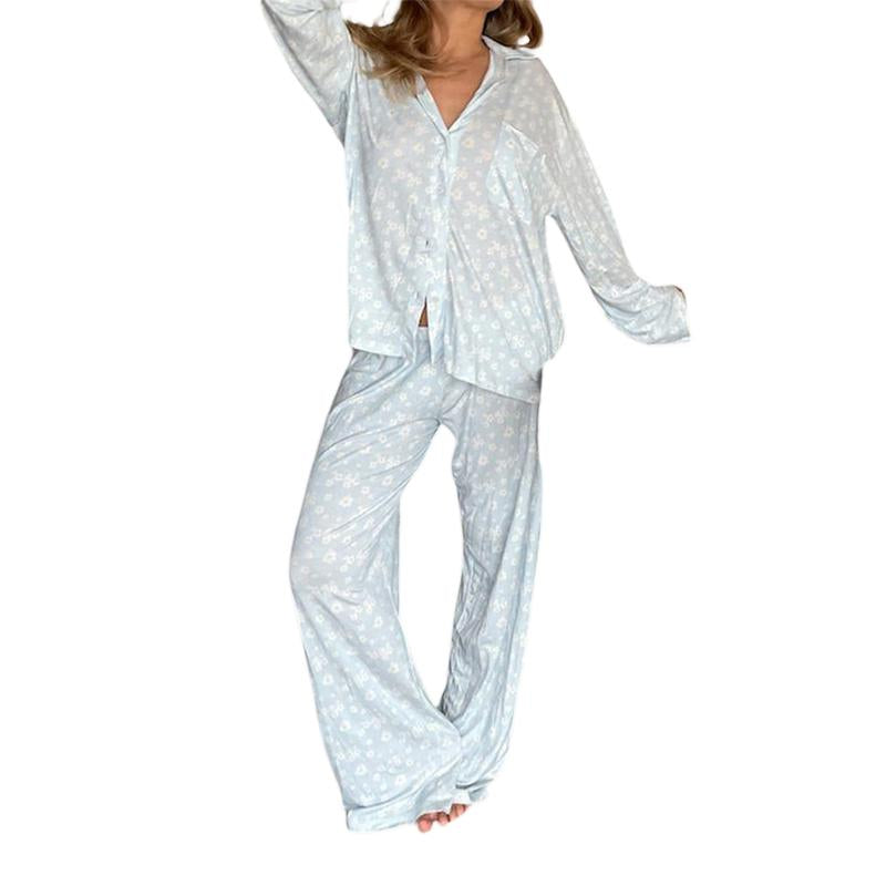 Women Pajamas Lounge Set Strawberry Print Turn-Down Collar Long Sleeve Shirts Tops and Pants 2 Piece Loungewear Outfits