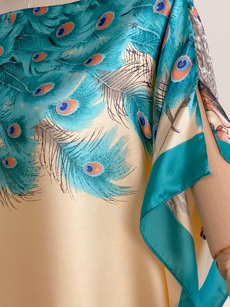 Women'S Fashion Print Long Robe Set, Moomoo Dress + Scarf Headband, Casual Woven Fabric, Thin All-Season Wear, Beach Sun Protection