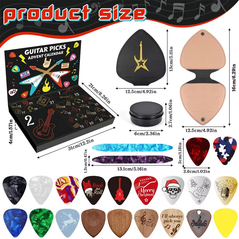 2025 Guitar Picks Countdown Calendar Xmas Advent Calendars for Guitar Bass Ukulele Players Gift Musical Instrument Picks Set