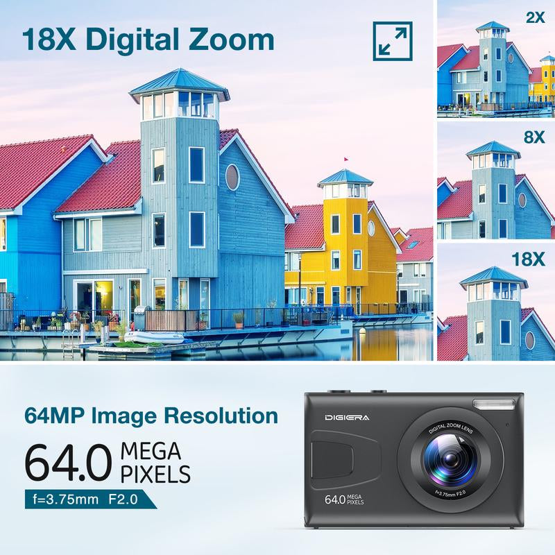 Digiera UHD 4K Digital Camera, 64MP Auto Focus with 18X Digital Zoom, Filters, Burst Shooting, Time-Lapse, Flash & Playback – Includes 32GB Memory Card, 2 Extra Batteries & Wrist Strap – MP3/MP4 Playback, FHD 1080P – Perfect Christmas & Halloween Gift