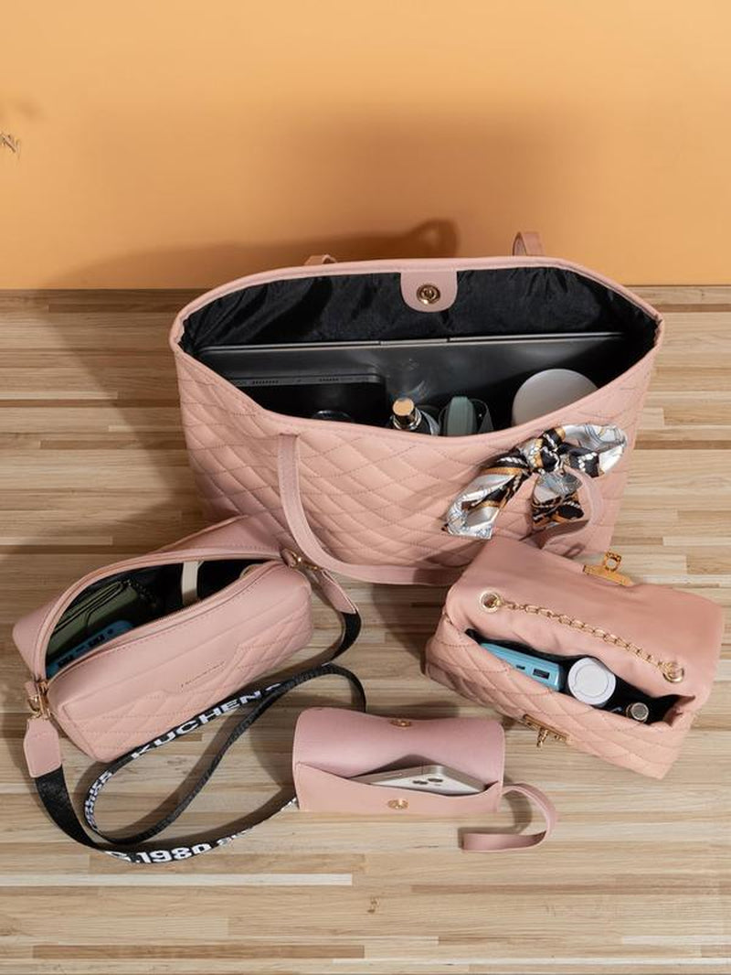 Rhombus Quilted Pattern Tote Bag, Scarf Bow Decoration Casual Shoulder Wide Strap Crossbody Bag, Luxury Bag Set, Cute Plush Purse Clutch Chain Small Square Bag, Fall Freshness Unique Everyday Tote Bag for College, Crossbody Bag for Women