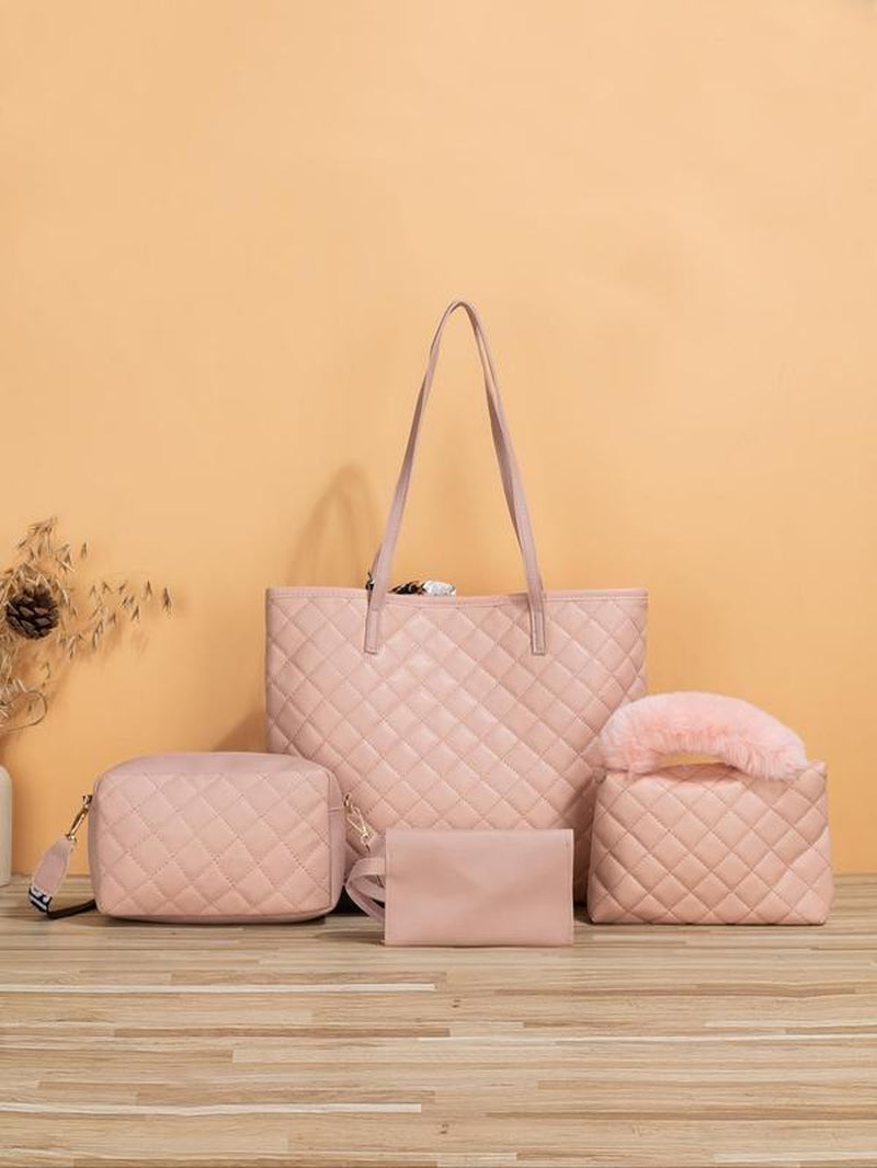 Rhombus Quilted Pattern Tote Bag, Scarf Bow Decoration Casual Shoulder Wide Strap Crossbody Bag, Luxury Bag Set, Cute Plush Purse Clutch Chain Small Square Bag, Fall Freshness Unique Everyday Tote Bag for College, Crossbody Bag for Women