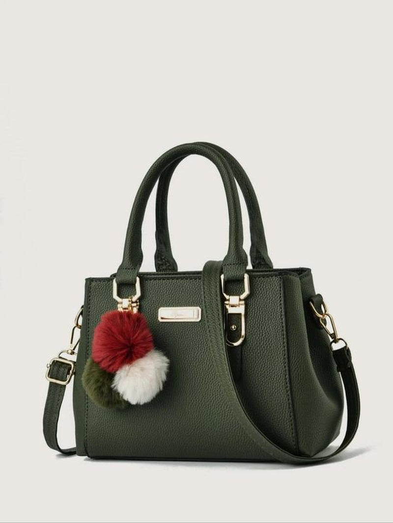 Women'S Purse, Elegant Embossed Purse Square Bag, Fashion Letter Label Zipper Handbag, Casual Shopping & Travel Shoulder Crossbody Bag, with Pom Pom Charm, Mother'S Day Gift, Embellished Shoulder Bag