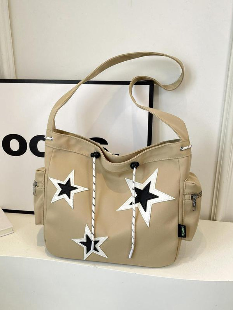 Women'S Star Patched Design Tote Bag, Fashionable Large Capacity Shoulder Bag for Daily Used, Casual Trendy Versatile High-Quality Daily Commuting Bag
