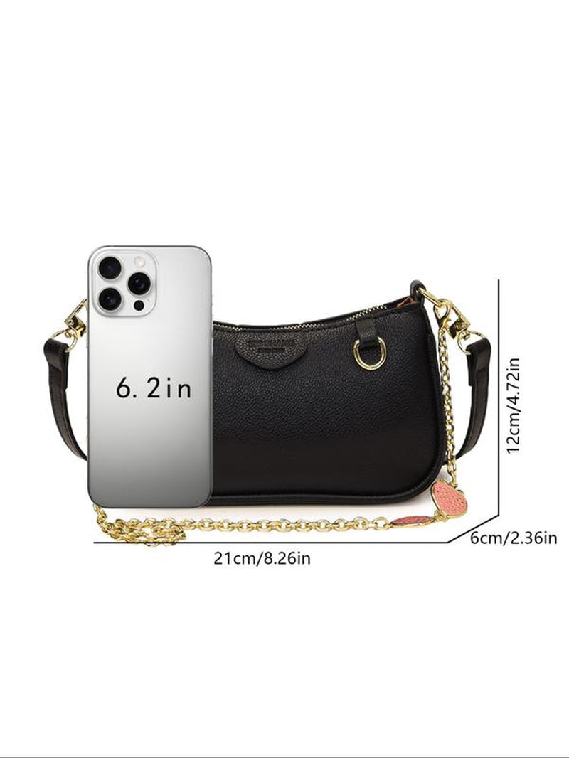 Women'S Elegant Floral Embossing Shoulder Bag with Fruits Decor Chain, Trendy New Style Crossbody Bag, Versatile and Textured Fashionable Shoulder Bag for Daily Use