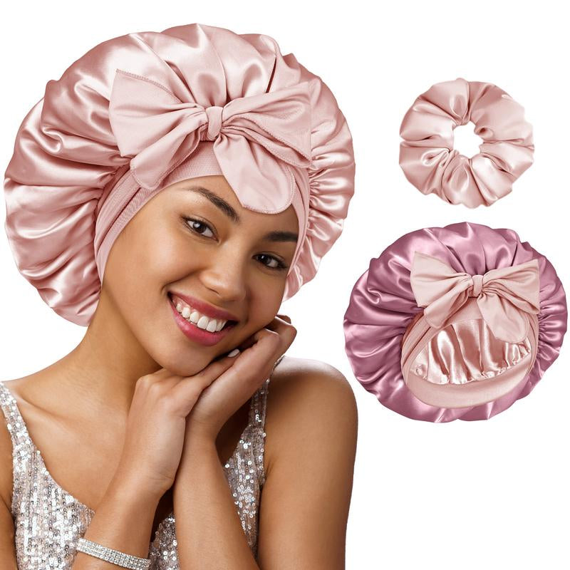 BONNET QUEEN Hyaluronic Acid Bonnet with Elastic Band & Scrunchie for Curly Hair Machine Washable Double Moisture Anti-Frizz Satin Nightcap Gift for Women