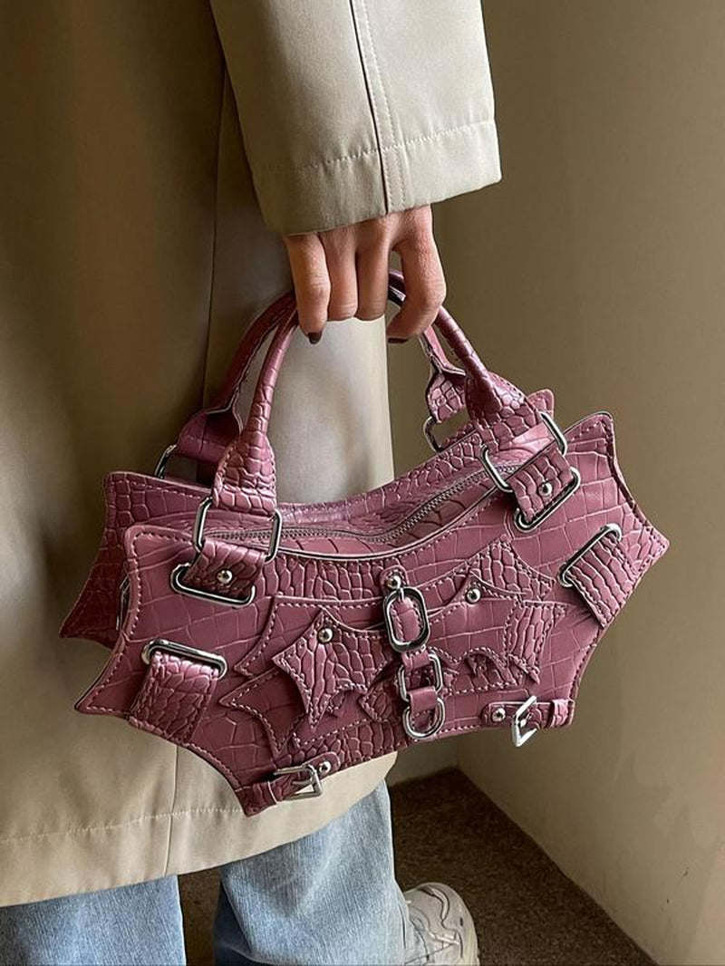 Summer Punk Goth Style Solid Color Rivet Decor Baguette Grunge Bag, New Fashion PU Underarm Bag & Handbag, Hand Shoulder Bag, All-Match Commuter Bag for Work & Daily & Back to School