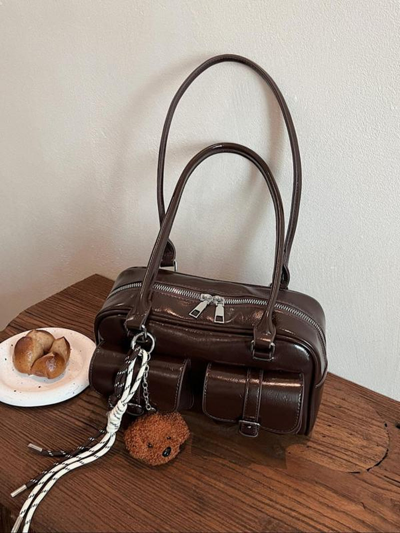 Women'S Elegant Solid Color Boston Bag, Fashionable Multi-Pocket Bag with Bear Charm Decor, Casual Trendy Versatile High-Quality, Handbag Shoulder Bag