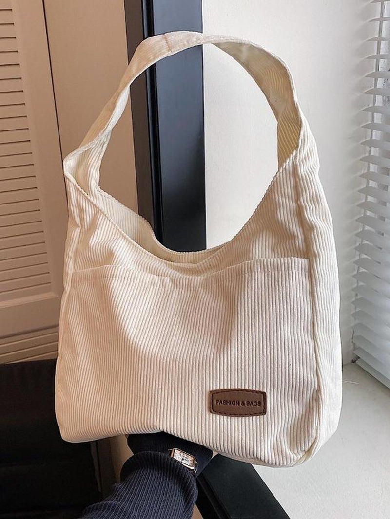 Trendy Solid Color Letter Patched Large Capacity Tote Bag, Minimalist Magnetic Closure Corduroy Shoulder Bag, Women'S Dumpling Bag for Daily Used, Corduroy Hobo Bag