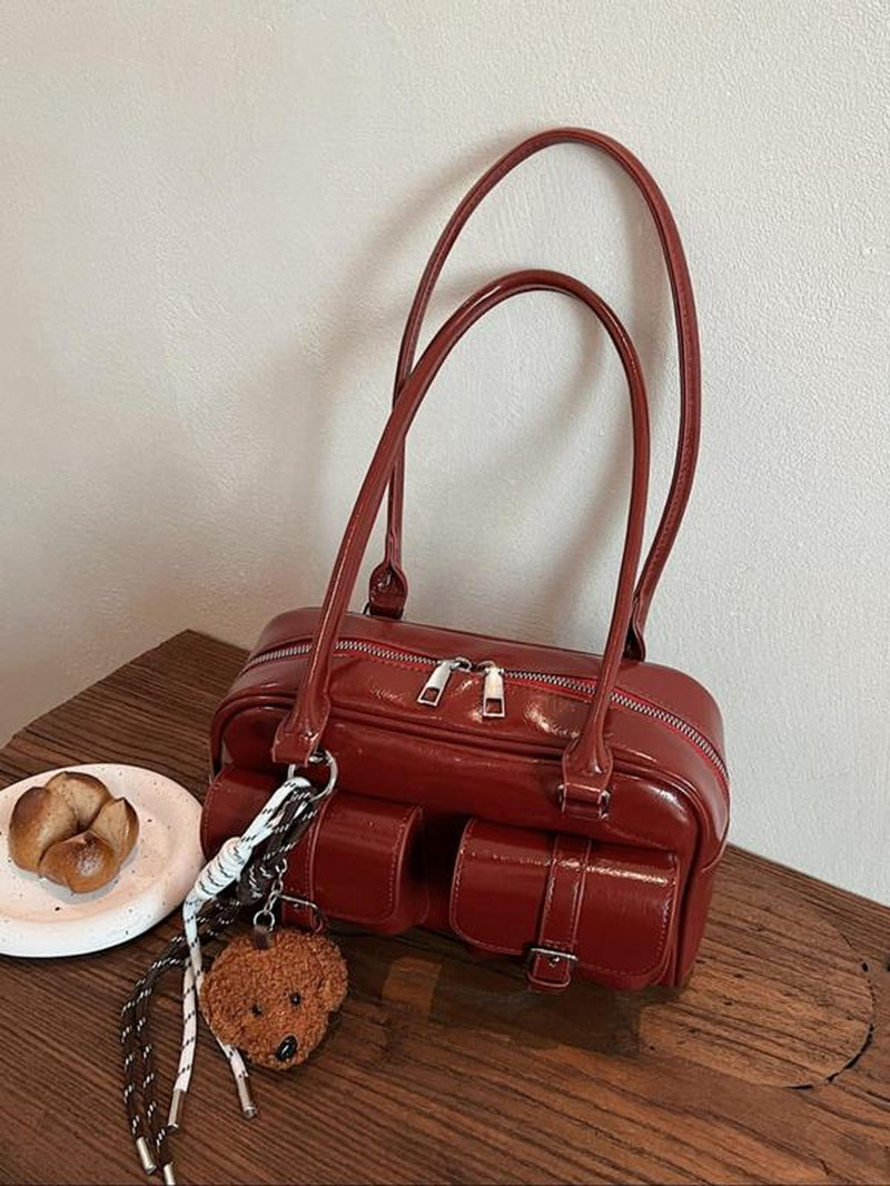 Women'S Elegant Solid Color Boston Bag, Fashionable Multi-Pocket Bag with Bear Charm Decor, Casual Trendy Versatile High-Quality, Handbag Shoulder Bag